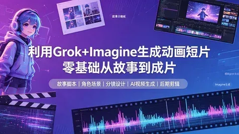 Grok+Imagine动画短片实战:脚本分镜+角色场景+视频生成+后期剪辑【2.7GB】